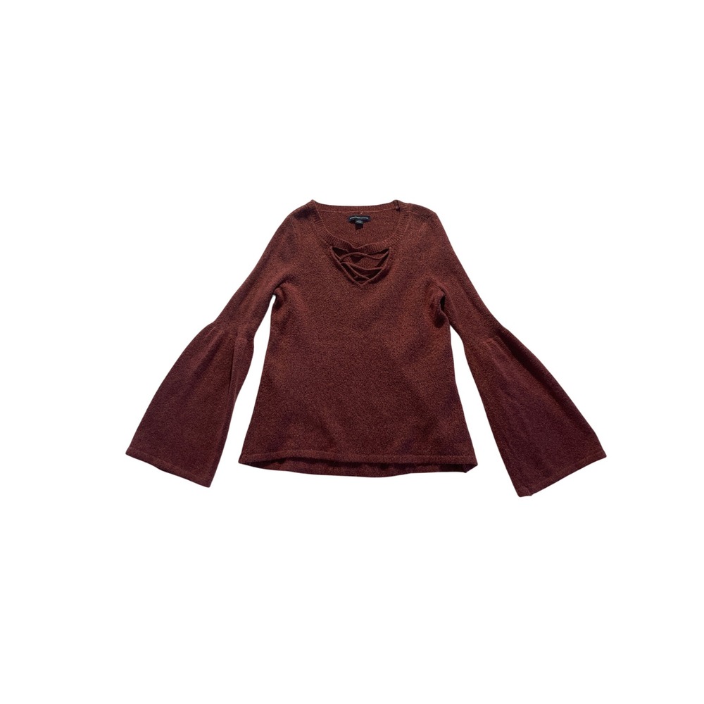 Bell Sleeve Lace Up Neck Knit Sweater Burgundy Marl Size S American Eagle